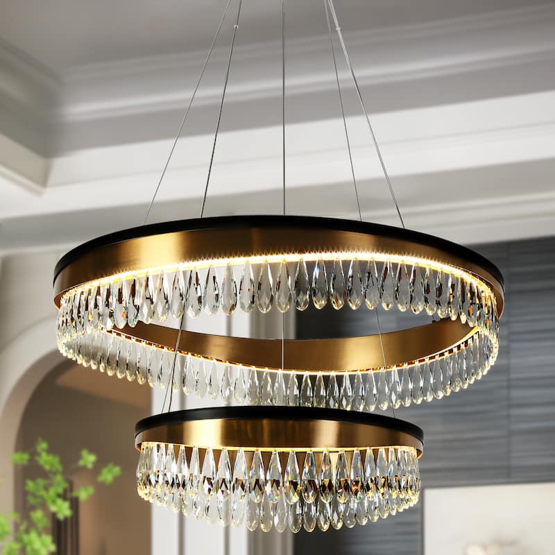 Modern Luxury 2-Tier LED Crystal Chandelier Black Gold Drum Light for Dining Living Room - D31.5" x H73" Max