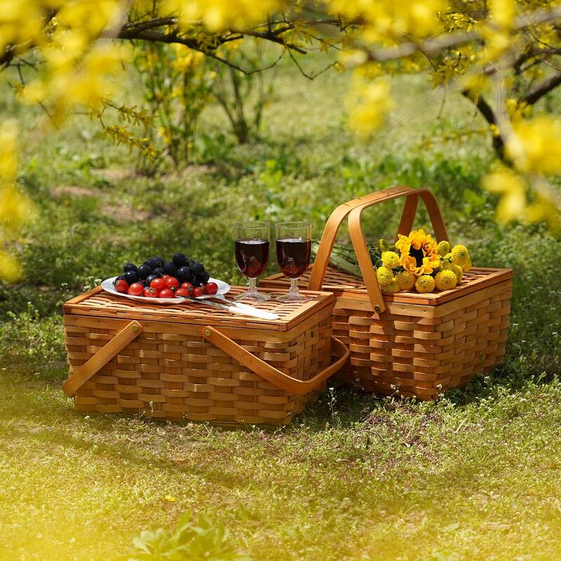 Picnic Basket Set for 2 Persons, Woven Woodchip Basket with Folding Handles & Lid, Red and White Gingham Lining Basket