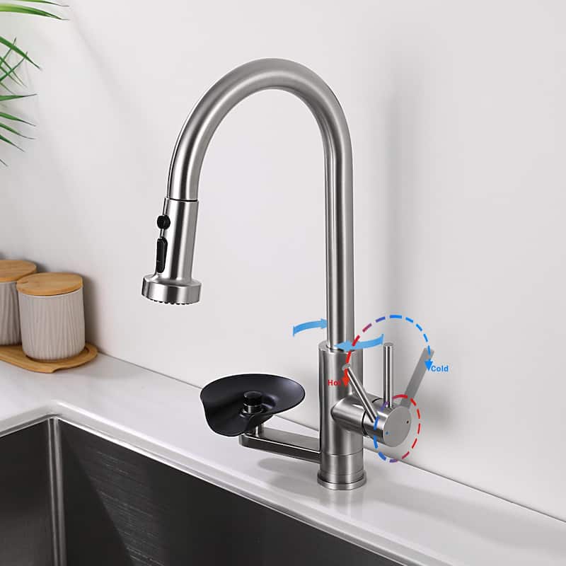 Modern 3-in-1 High-Arc Pull-Down Sprayer Kitchen Faucet with 3 Function Spray Mode & Press-Type Glass Rinser