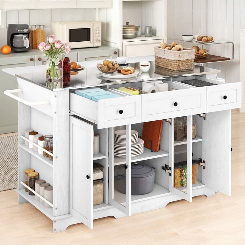 Moasis Kitchen Island with Stainless Steel Top & Power Outlet
