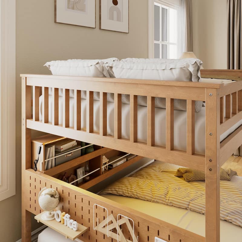 Full XL over Queen/Full over Full Bunk Bed with Integrated Shelving, Color-Changing Lights & Pegboard