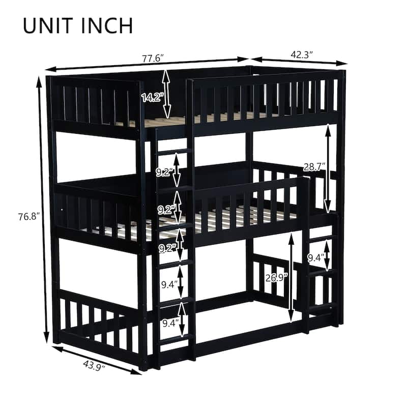 Triple Twin Bunk Bed with Dual Ladders & Guardrails (200lb Capacity per Level)