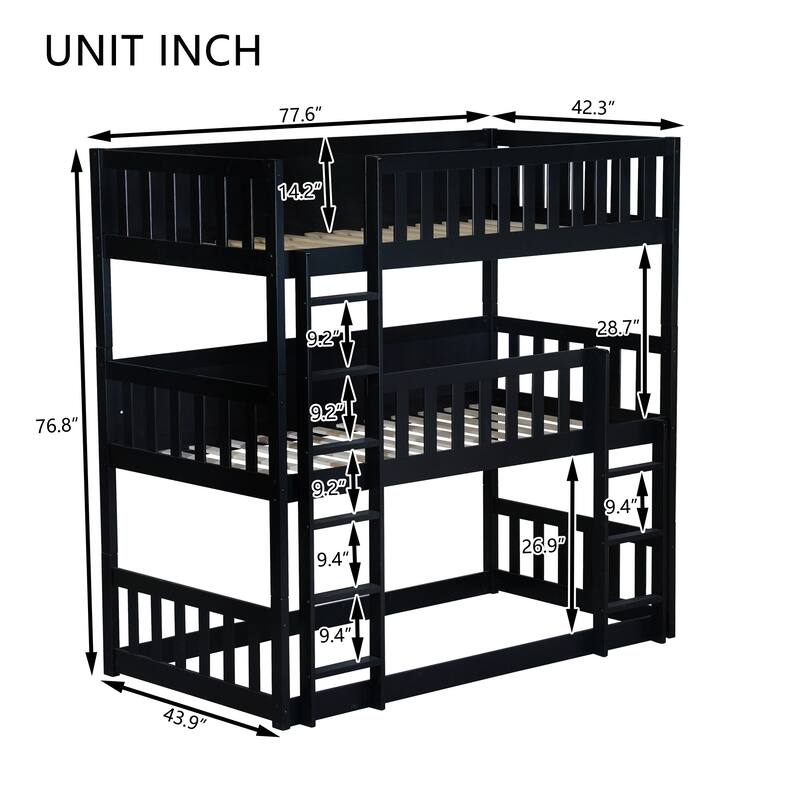Twin Over Twin Over Twin Rubber Wood Triple Bunk Bed with Guardrails and Ladders, Detachable Convertible Triple Twin Bed Frame