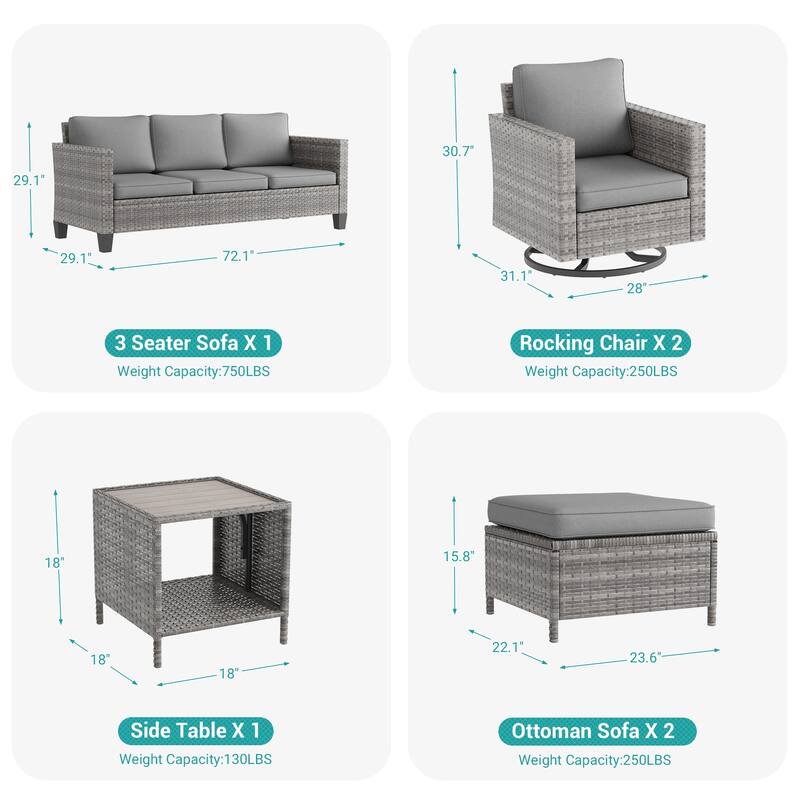 BONOSUKI 6Pcs Patio Swivel Rocking Sofa Set Brown Rattan w/Side Table