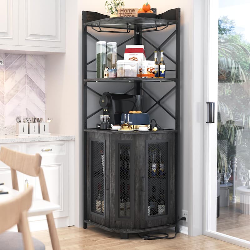 Corner Bar Cabinet with Charging Station and Ambiance Light, Liquor Display Storage Shelves with Glass Holder - Brown