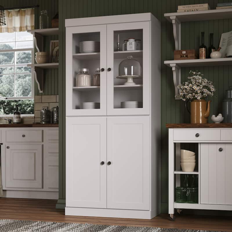 Palace Imports 100% Solid Wood 32" Pantry Cabinet with Clear Glass, Shaker Doors and Adjustable Shelves - White
