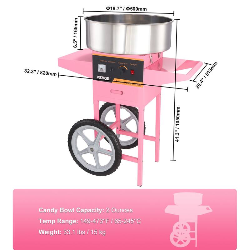 Electric Cotton Candy Machine with Cart, 1000W Commercial Floss Maker with Stainless Steel Bowl
