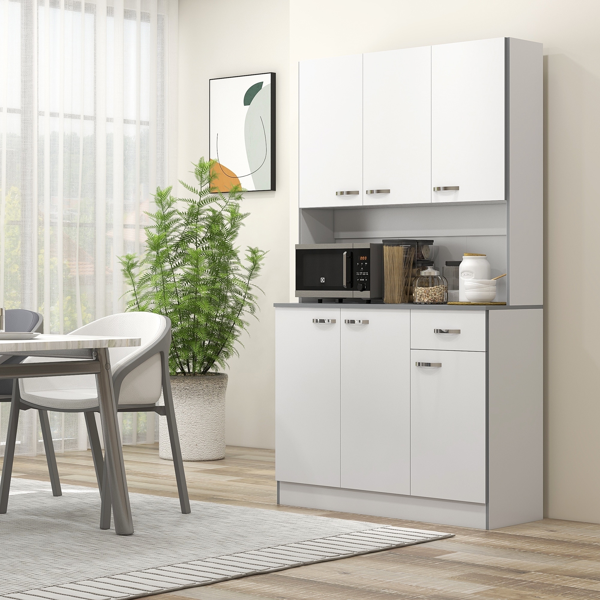 Buffet Cabinet Pantry Cabinet with Microwave Hutch and Adjustable Shelves, Tall Kitchen Storage Organizer with Drawer