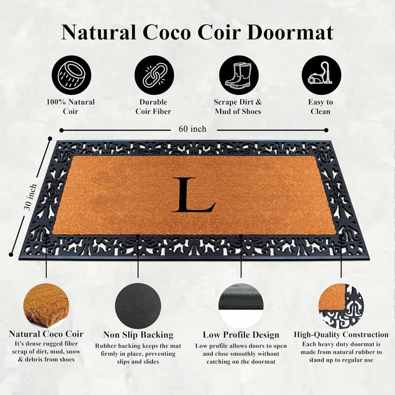 A1HC Rubber and Coir Paisley Border Heavy Duty Non-Slip Durable Double Door Monogrammed Doormat 30"X60", Black