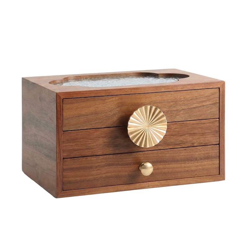 Walnut Color Pull-Out with Brass Handles and Glass Skylight 3-Tiered Jewelry Box - 10.24