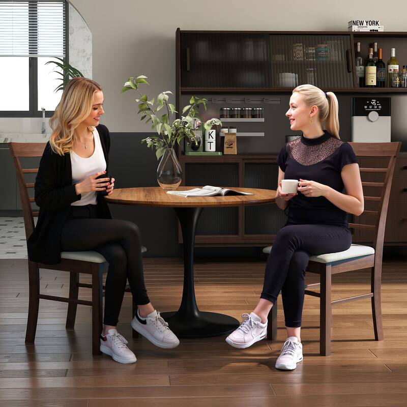 Set of 2 Dark Brown Beige Dining Chairs with Foam Cushion Seat and Rubberwood Frame - 17.1" W x 20.1" D x 37" H