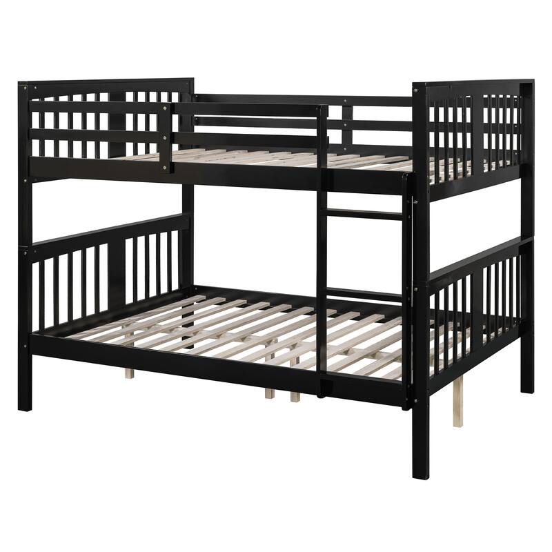 Full over Full Bunk Bed with Ladder, Espresso, No Box Spring Needed, Solid Pine Wood Construction