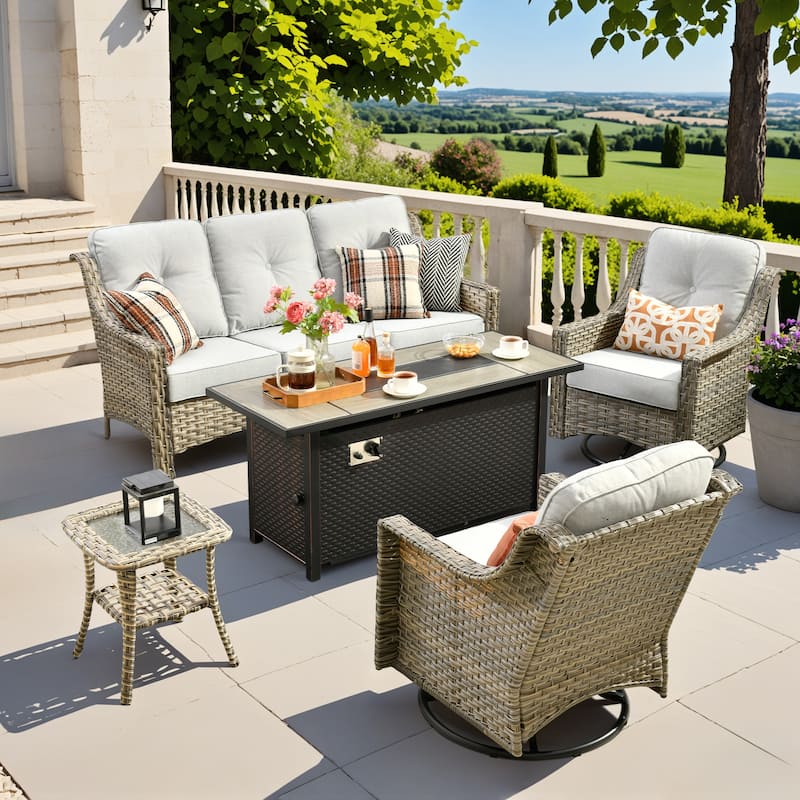 OVIOS 5 Pieces Outdoor Wicker Set with 54" Fire Table - Grey