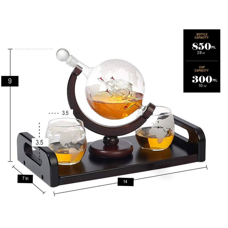 Bezrat 850 ml Globe Whisky Decanter Gift Set with 4 Glasses & Tray