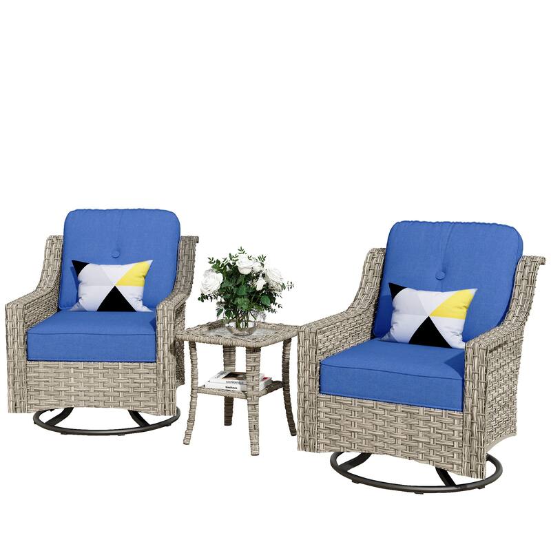 XIZZI 3-Piece Swivel Rocking Chair Rattan Wicker Outdoor Patio Furniture Bistro Set