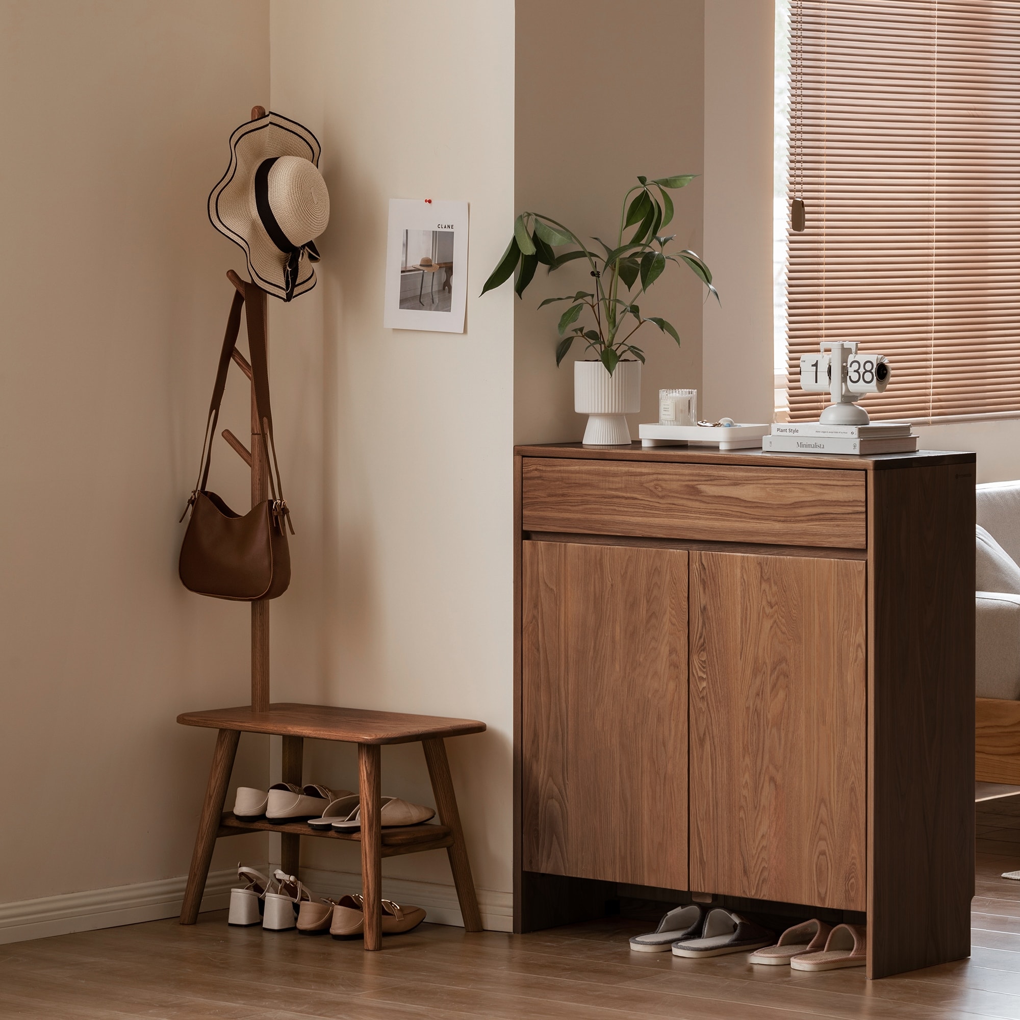 GDFStudio - Lanaster Mid-Century Modern Solid Wood Storage Bench with Shoe Rack & Coat Hanger for Entryway and Living Spaces