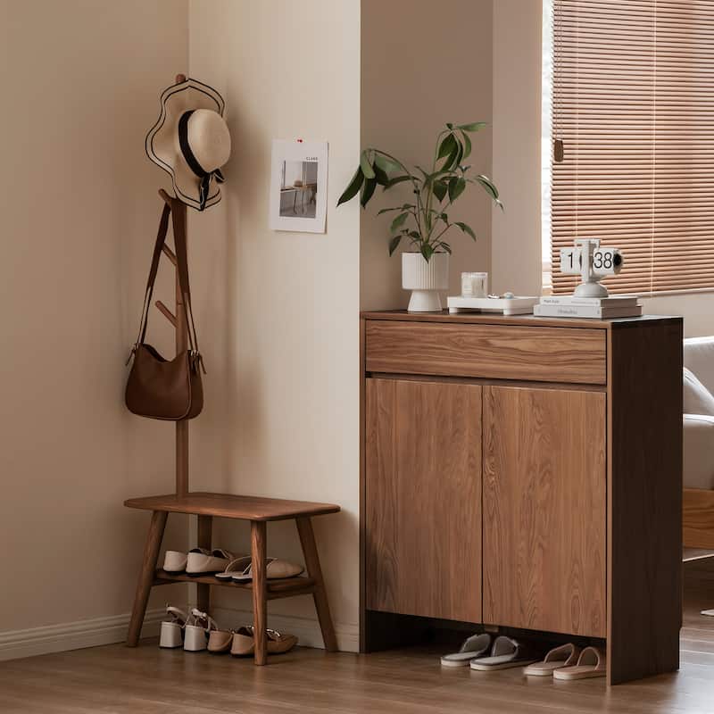 GDFStudio - Lanaster Mid-Century Modern Solid Wood Storage Bench with Shoe Rack & Coat Hanger for Entryway and Living Spaces - Walnut