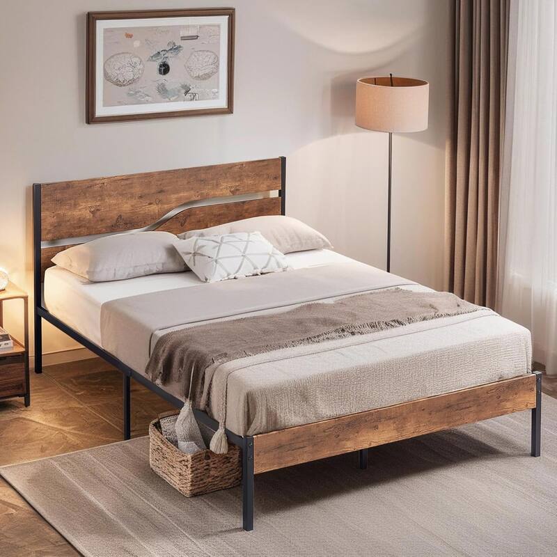 VECELO Beds Industrial Platform Bed Frame with Wood Headboard,Easy Set up