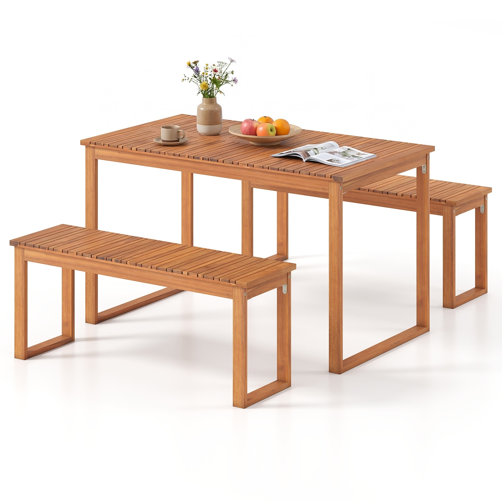 Gymax 3 PCS Acacia Wood Picnic Set 43.5'' Outdoor Dining Table w/2
