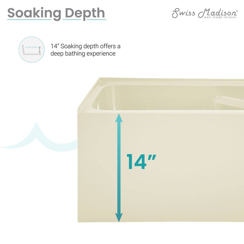 Swiss Madison Voltaire, Acrylic White, Alcove, Integral Armrest, Bathtub with Apron