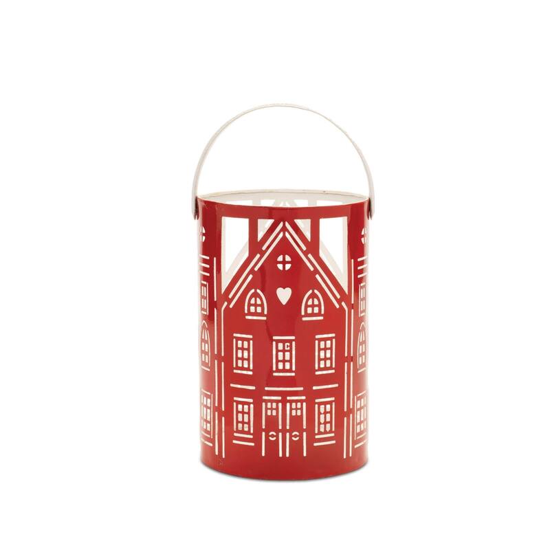 Punched Metal House Candle Lanterns - 12.5" - Red and White - Set of 3