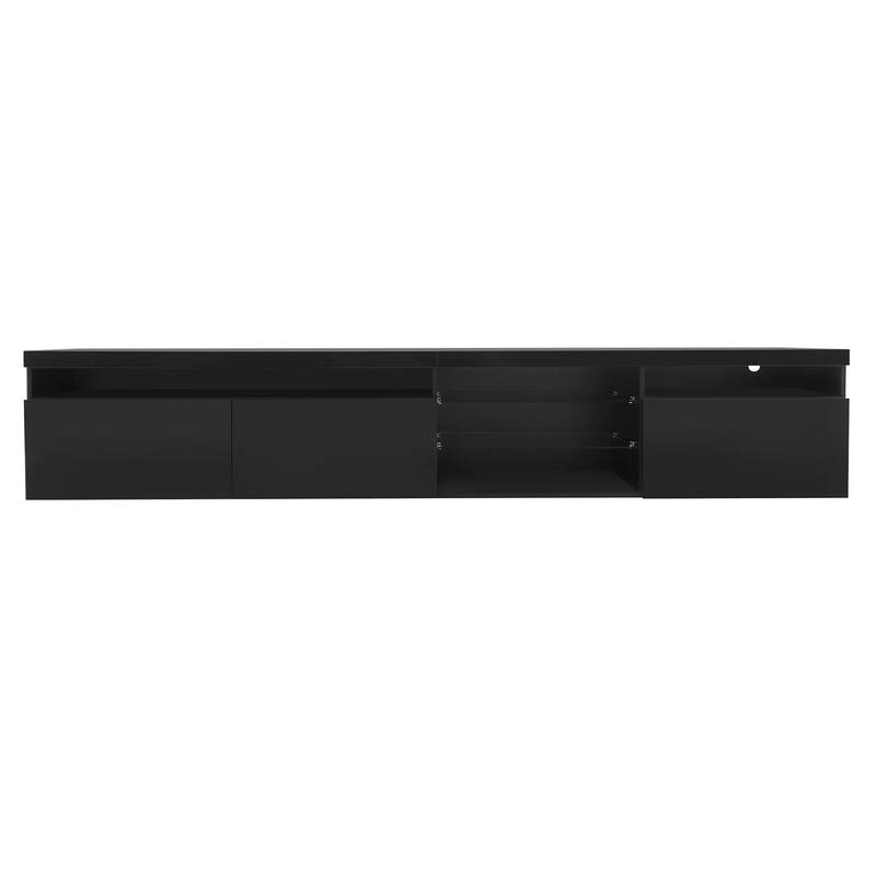 Roomfitters TV Stand, LED Media Console with Glass Shelves, Ample Storage for TVs Up to 105", Modern Black