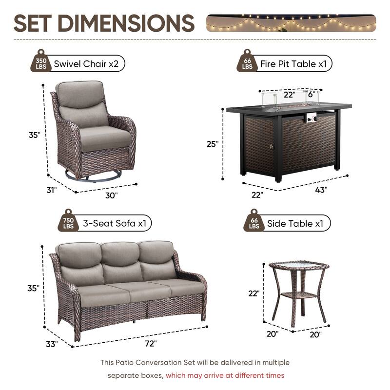 Pocassy 4/5 Piece Patio Sofa Furniture Set with 43" Fire Pit Table