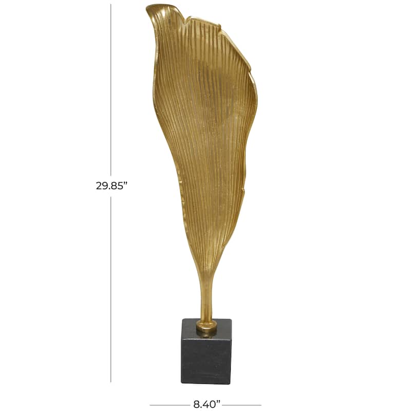Gold Aluminum Metal Textured Leaf Abstract Sculpture with Black Marble Base