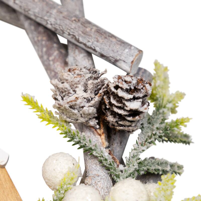 Flocked House and Pinecones Wood Branch Artificial Christmas Wreath - 12" - Unlit