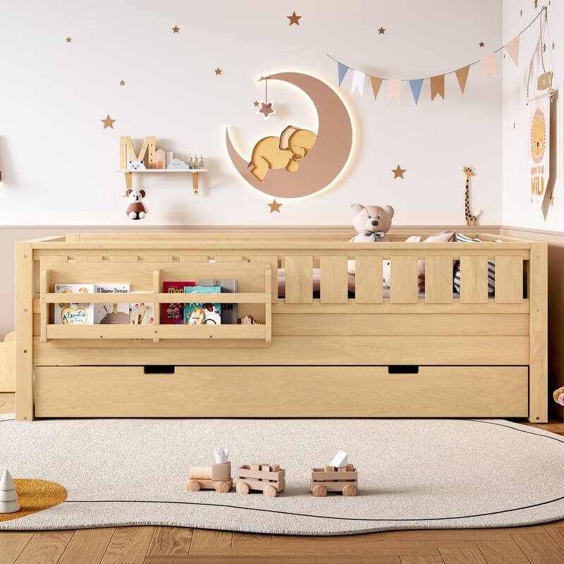 Full/Twin Size Wood Bed with Built-in Bookshelves and Storage Staircase, Safety Rails and Trundle Bed