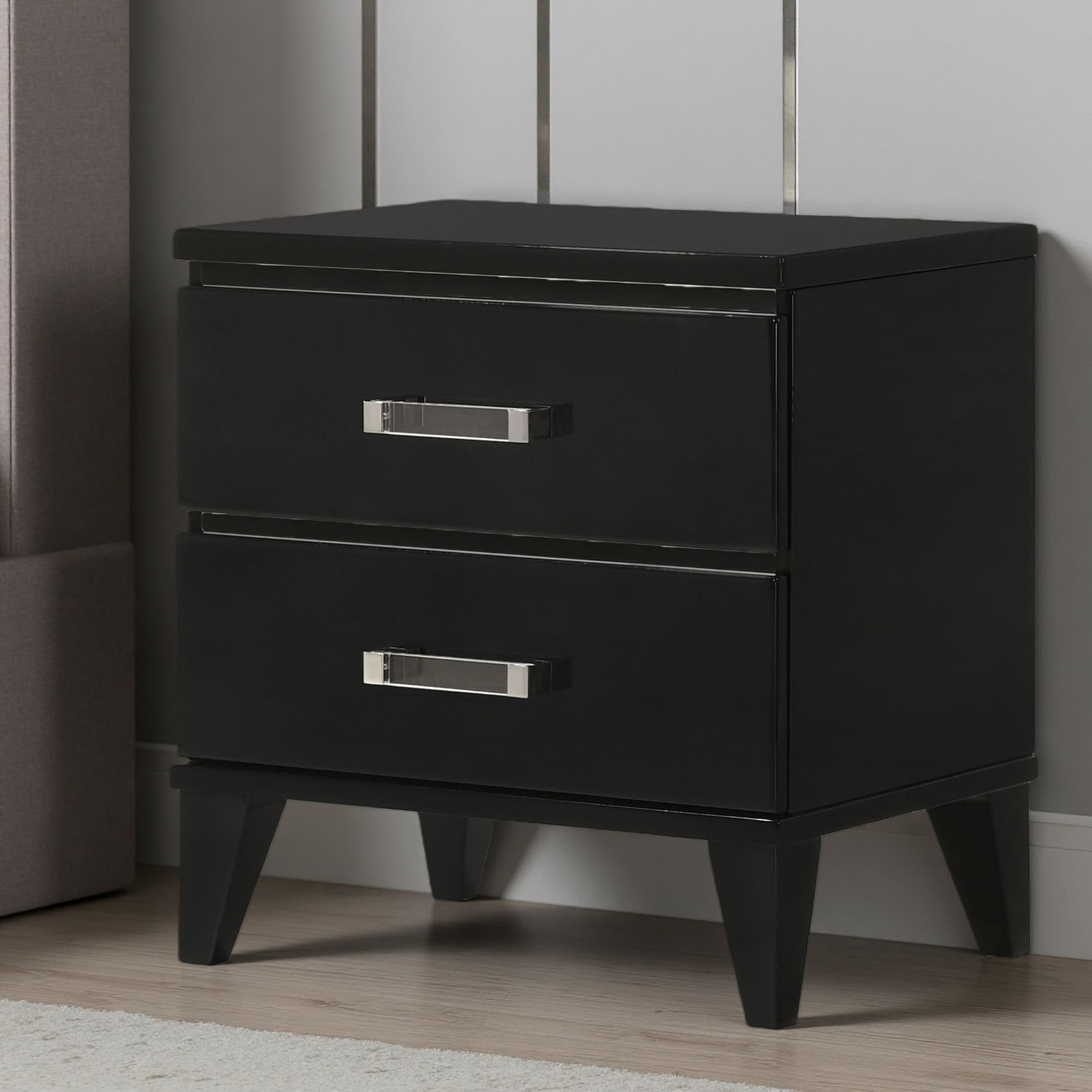 23"L Wooden Nightstand with 2 Storage Drawers, Side Metal Glides, Acrylic Bar Handles, Tapered Legs, Modern Bedroom Furniture