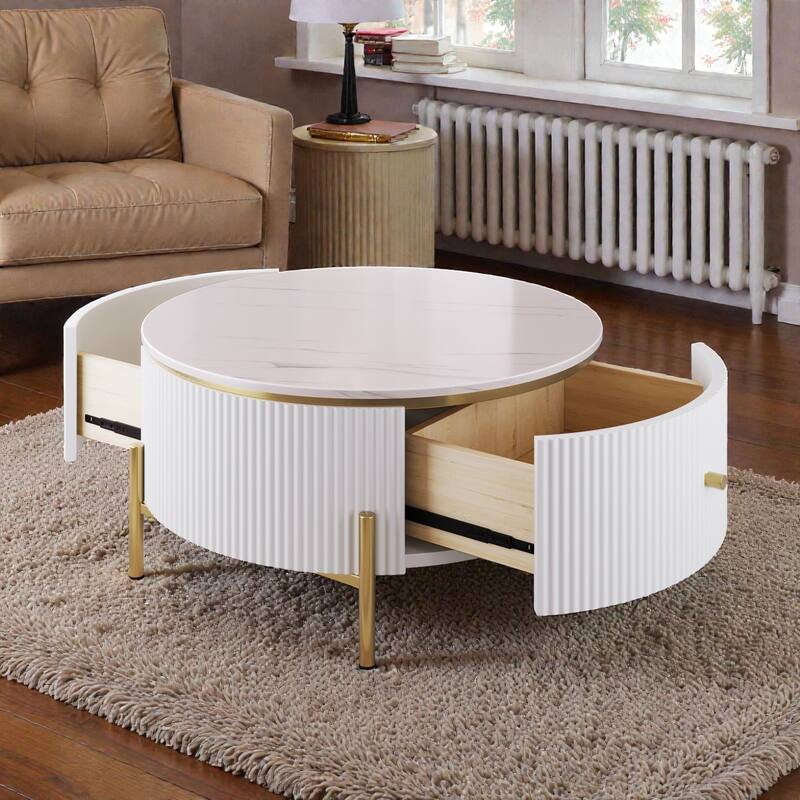 Modern Round Coffee Table with 2 Large Drawers, Marble Pattern MDF Top and Gold Metal Legs