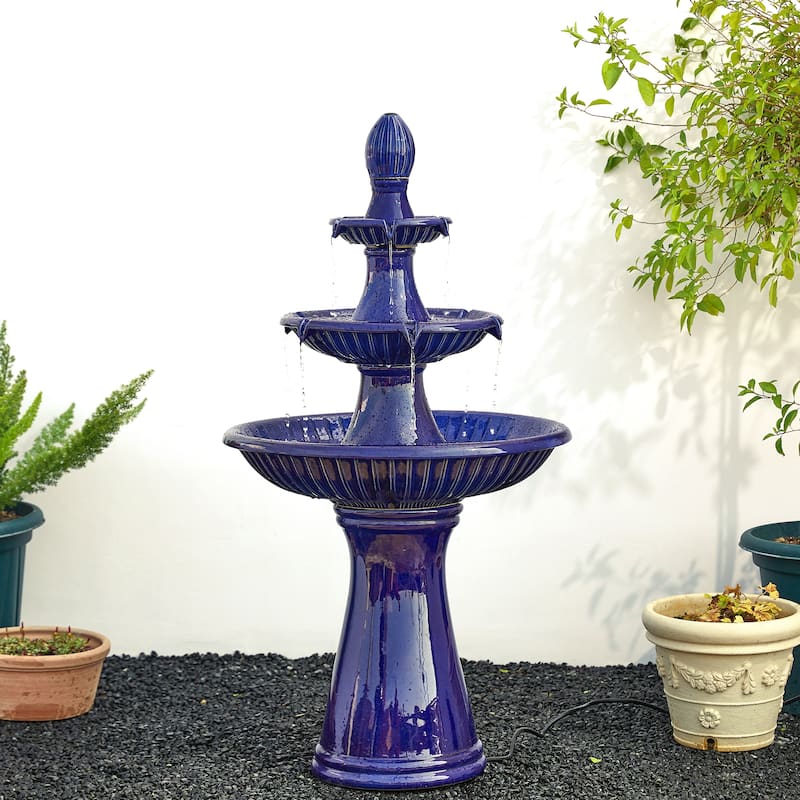 Glitzhome 45"H Oversized 3-Tier Pedestal Lotus Ceramic Resin Outdoor LED Fountains