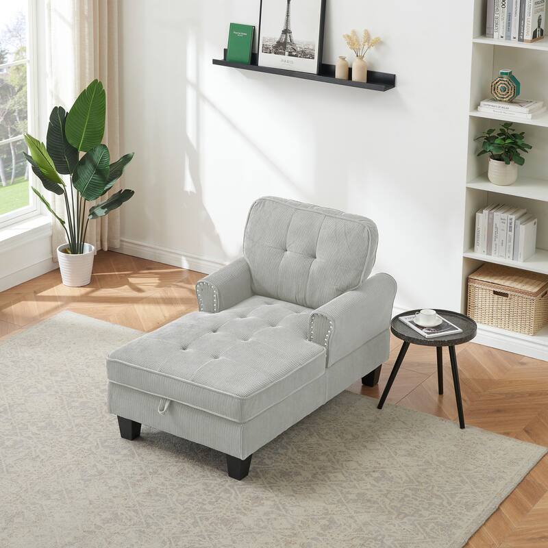 Gray+Beige Tufted Chaise Lounge Chair with Storage