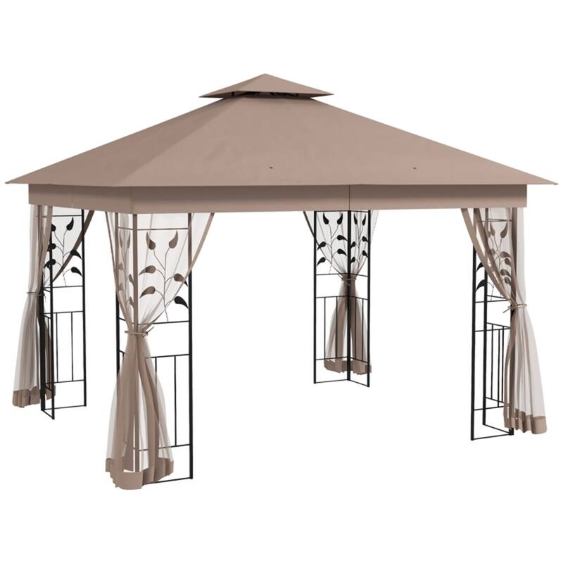 Brown Polyester Steel Mesh Gazebo Tent UV-Blocking Two-Tier Canopy - Brown