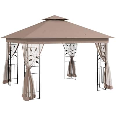 Brown Polyester Steel Mesh Gazebo Tent UV-Blocking Two-Tier Canopy