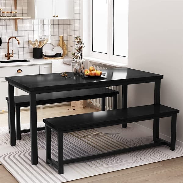 Charming Simple Style Dining Table Set with a Table and two Benches, with Foot Pad, for Kitchen, Dining Room - Black