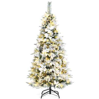 Gymax 5/6/7/8 FT Pre-Lit Artificial Snow-Flocked Christmas Tree Hinged - See details