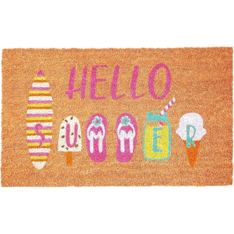 HomeRoots 17" X 29" Brown Pink And White Hello Summer Outdoor Coir Door Mat - 17.00' X '29.00