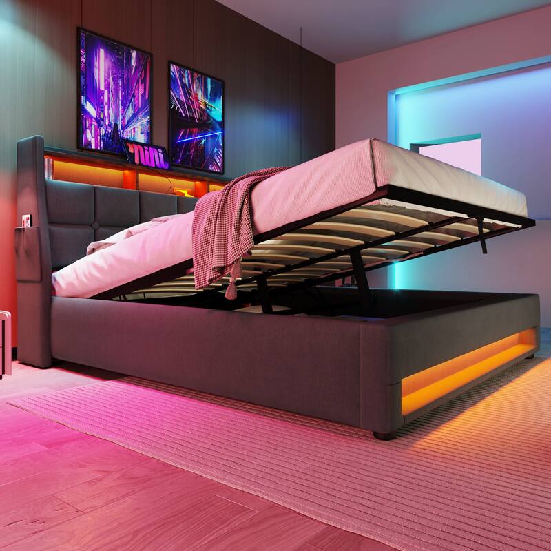 Grey Full Size Upholstered Bed with Hydraulic Storage, LED, and USB Charging