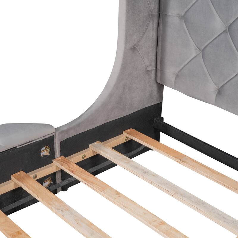 Queen Size Velvet Upholstered Platform Bed with Wingback Headboard, Storage Drawer, and Side Stools