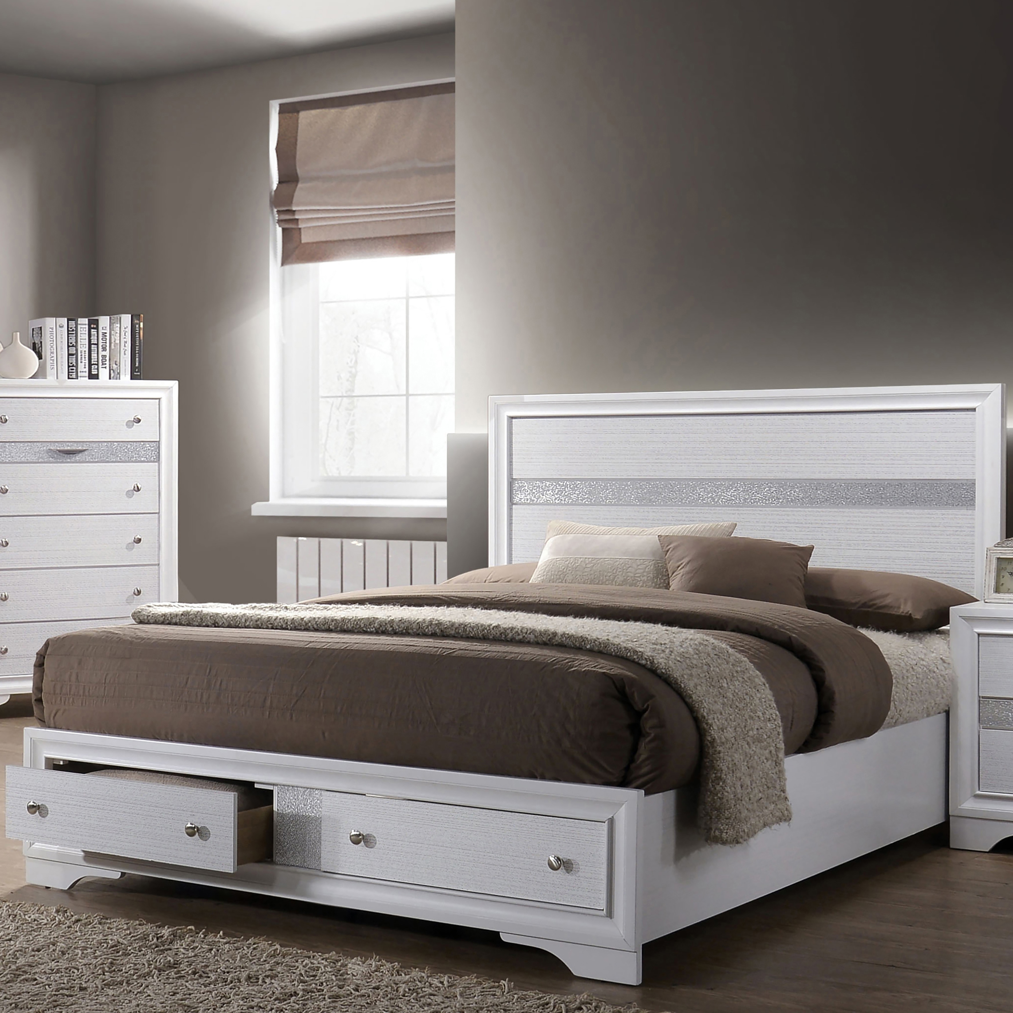 Furniture of America Deku Glam White Full Solid Wood 2-Drawer Storage Platform Bed