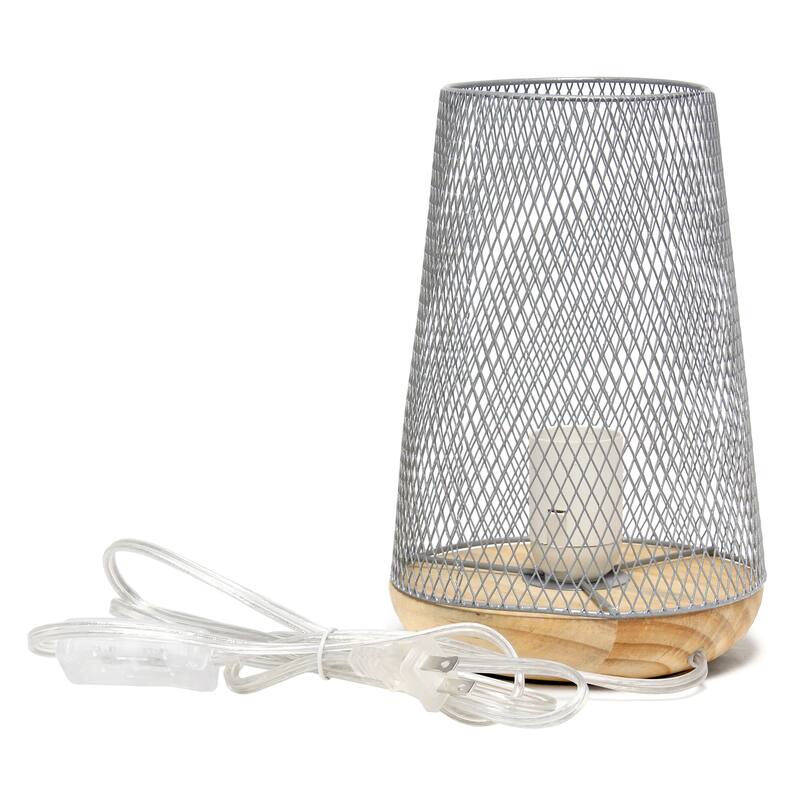 Metal Open Cage Mesh Table Lamp with Pine Wood Base - 6 x 6 x 9 in. (L x W x H)
