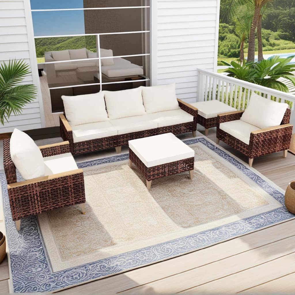 Modular Outdoor Rattan Sofa Set with Wooden Armrests and Footstool, Patio Sectional Sofa with Removable Cushions