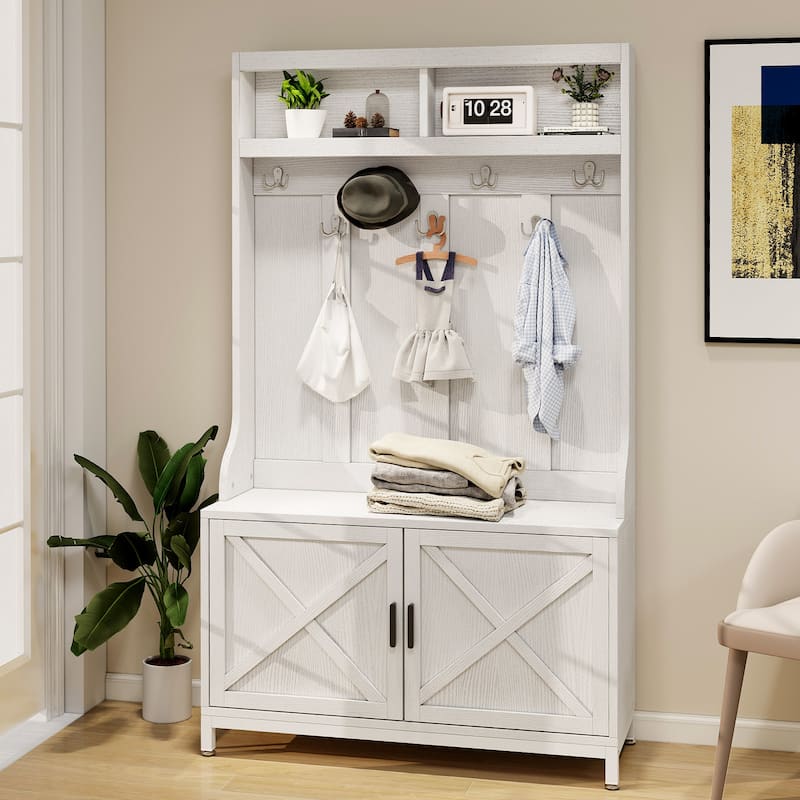 Moasis Entryway Coat Rack Shoe Bench Set, Farmhouse 7 Hooks Hall Tree Coat Shoe Rack