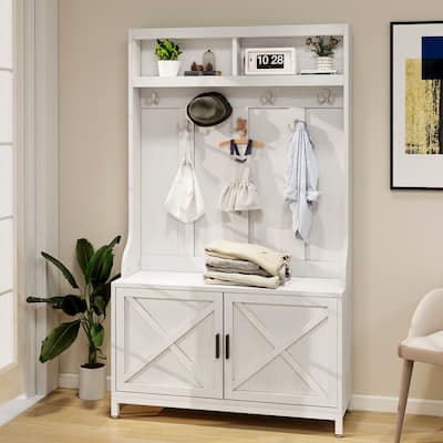 Moasis Entryway Coat Rack Shoe Bench Set, Farmhouse 7 Hooks Hall Tree Coat Shoe Rack