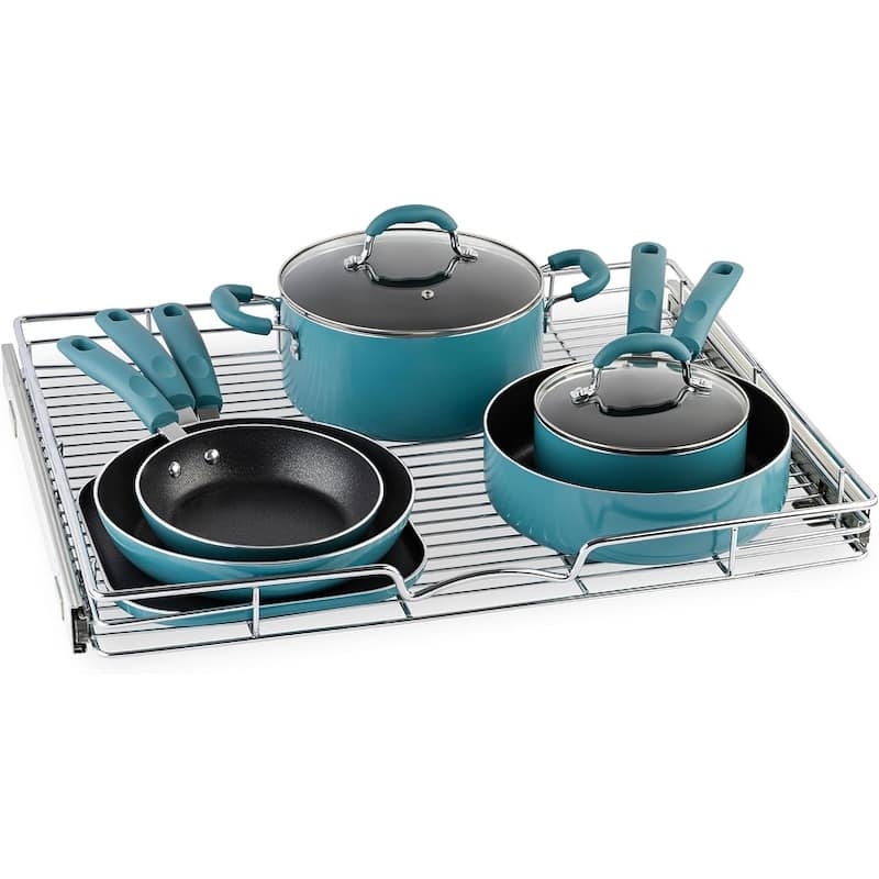 HOLD N' STORAGE Pull Out Cabinet Organizer 24”W x 21”D - Steel Metal cabinet drawers slide out, Chrome Finish - 26''x21"