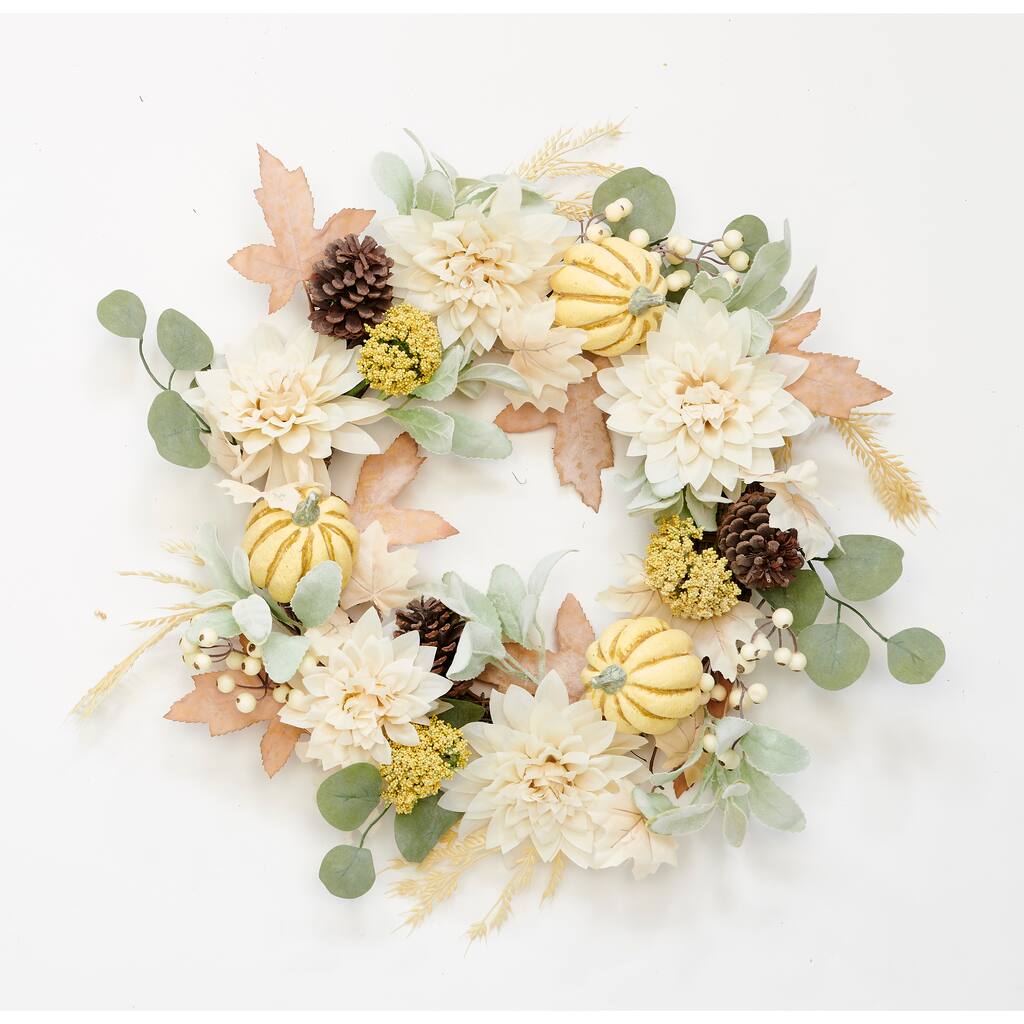 22" Artificial Fall Dahlia Pumpkin Pine Cone Wreath on Natural Twig Base - 22