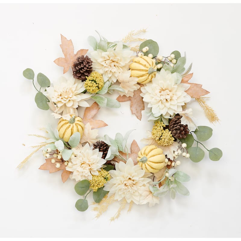 22" Artificial Fall Dahlia Pumpkin Pine Cone Wreath on Natural Twig Base - 22
