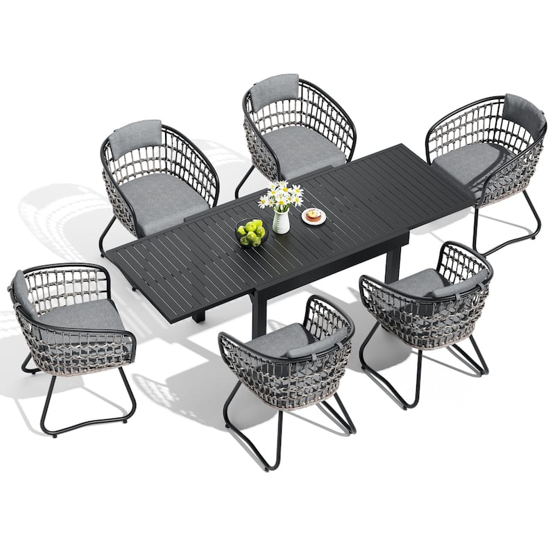 5/7/11-Piece Set Outdoor Aluminum Extendable Patio Dining Table Set with Rattan Chairs